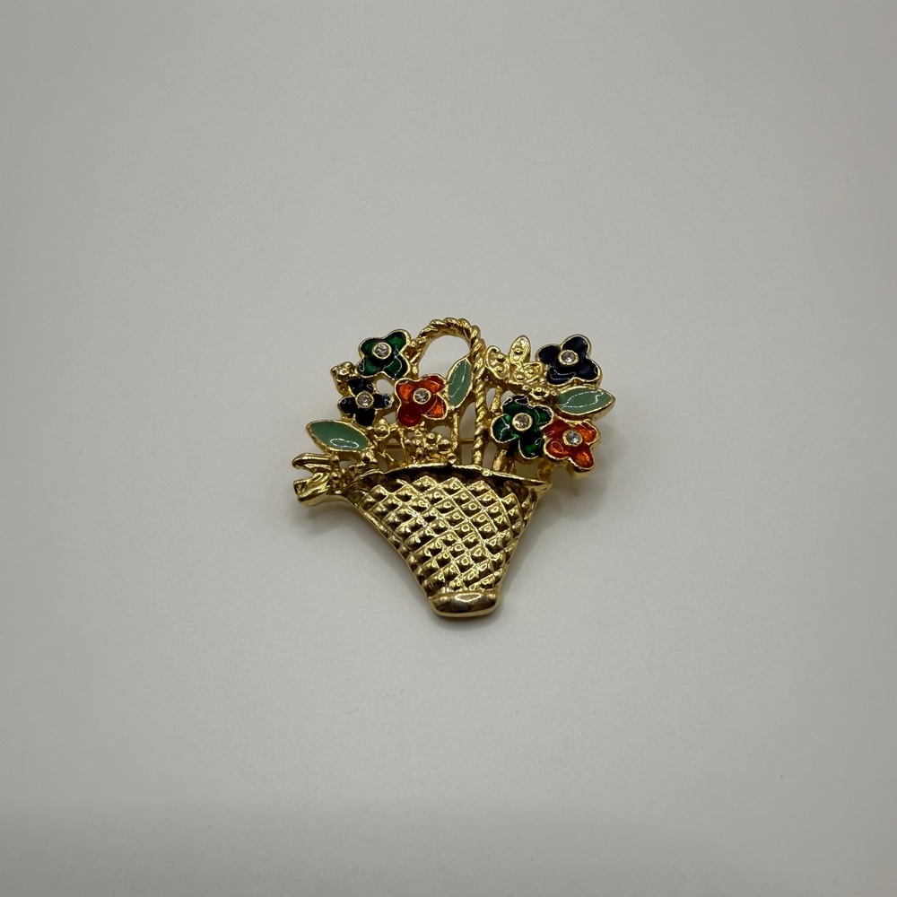 Vintage Style Gold Tone Enamel Flower Basket Brooch Rhinestone Floral Pin Multi